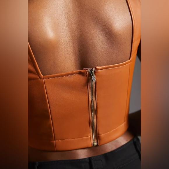 ANTHROPOLOGIE Maeve Faux Leather Notch Cropped Tank Top Caramel Brown Size 2 - Picture 3 of 11